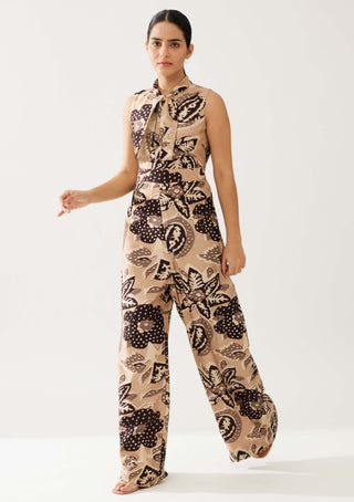 Cream And Dark Brown Floral Bow Tie Jumpsuit by Koai available on Indiaspopup.com