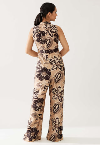 Cream And Dark Brown Floral Bow Tie Jumpsuit by Koai available on Indiaspopup.com