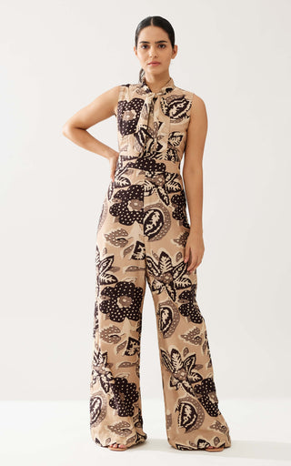 Cream And Dark Brown Floral Bow Tie Jumpsuit by Koai available on Indiaspopup.com