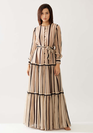 Cream And Dark Brown Stripe Shirt Dress by Koai available on Indiaspopup.com