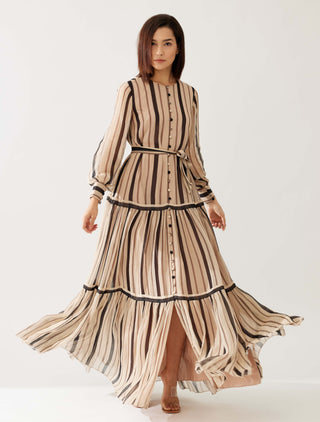 Cream And Dark Brown Stripe Shirt Dress by Koai available on Indiaspopup.com