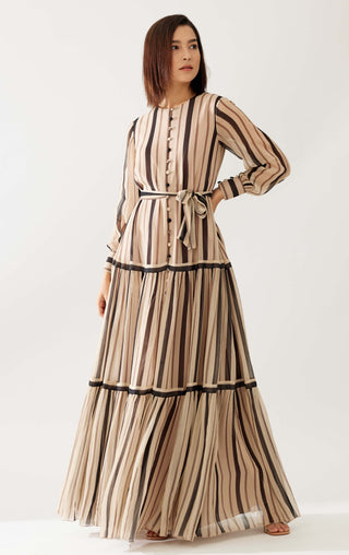 Cream And Dark Brown Stripe Shirt Dress by Koai available on Indiaspopup.com