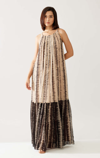 Cream And Dark Brown Stripe Long Dress by Koai available on Indiaspopup.com