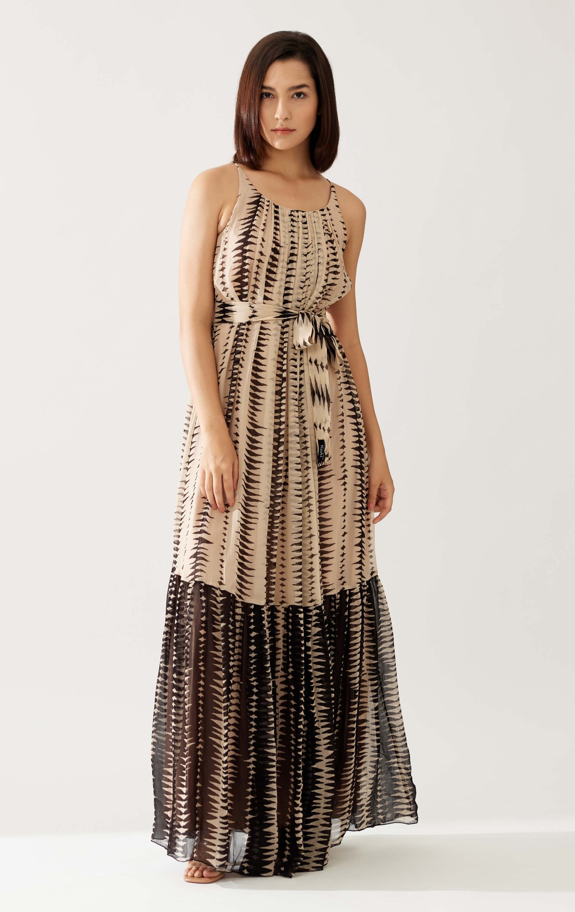 Koai Cream And Dark Brown Stripe Long Dress | Indiaspopup.com S Koai Cream And Dark Brown Stripe Long Dress | Indiaspopup.com S