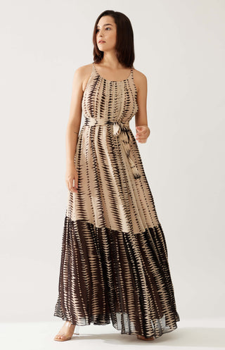 Cream And Dark Brown Stripe Long Dress by Koai available on Indiaspopup.com