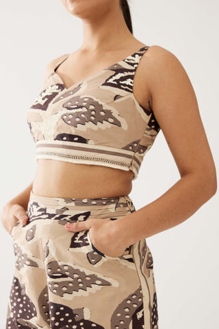 Cream And Dark Brown Floral Bustier And Pants by Koai available on Indiaspopup.com