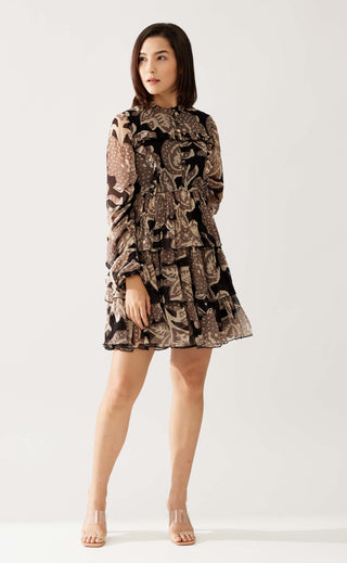 Dark Brown And Cream Floral Short Dress by Koai available on Indiaspopup.com