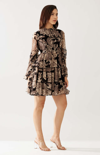 Dark Brown And Cream Floral Short Dress by Koai available on Indiaspopup.com