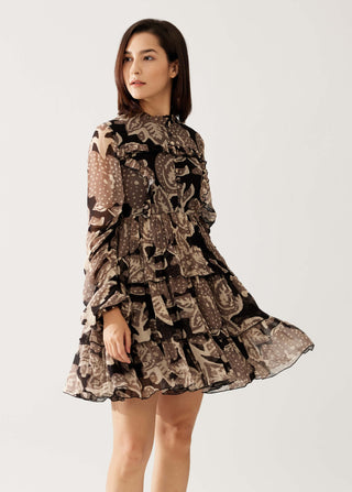 Dark Brown And Cream Floral Short Dress by Koai available on Indiaspopup.com