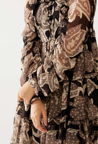 Dark Brown And Cream Floral Short Dress by Koai available on Indiaspopup.com