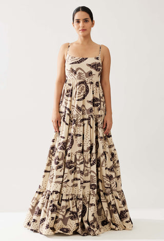 Cream And Dark Brown Floral Tier Dress by Koai available on Indiaspopup.com