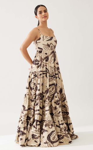 Cream And Dark Brown Floral Tier Dress by Koai available on Indiaspopup.com