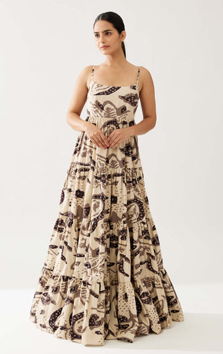 Cream and dark brown floral tier dress