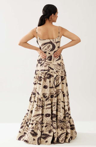 Cream And Dark Brown Floral Tier Dress by Koai available on Indiaspopup.com