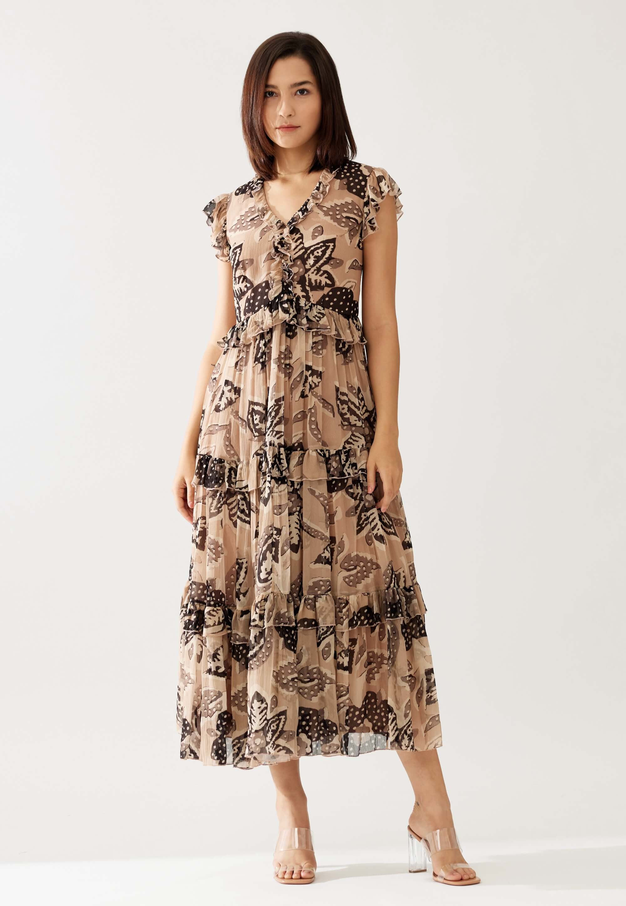Koai Cream And Dark Brown Floral Midi Dress | Indiaspopup.com L Koai Cream And Dark Brown Floral Midi Dress | Indiaspopup.com L