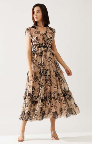 Cream And Dark Brown Floral Midi Dress by Koai available on Indiaspopup.com