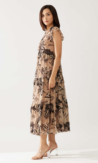 Cream And Dark Brown Floral Midi Dress by Koai available on Indiaspopup.com