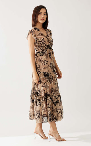 Cream And Dark Brown Floral Midi Dress by Koai available on Indiaspopup.com