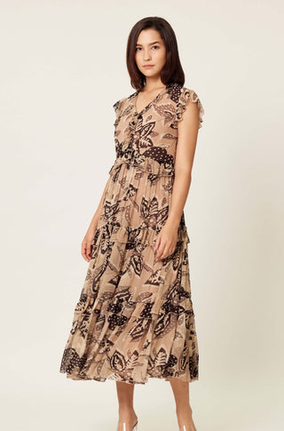 Cream And Dark Brown Floral Midi Dress by Koai available on Indiaspopup.com