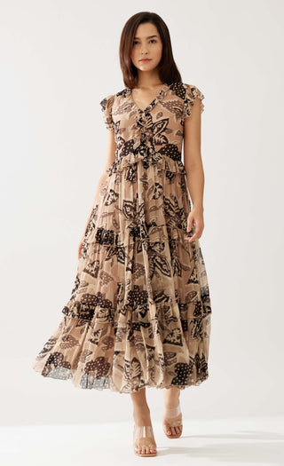 Cream And Dark Brown Floral Midi Dress by Koai available on Indiaspopup.com