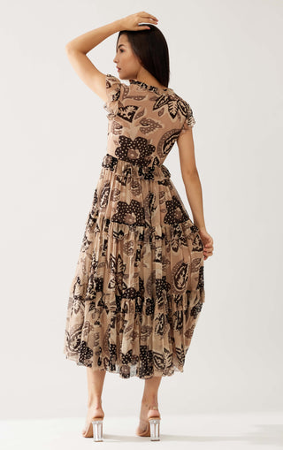 Cream And Dark Brown Floral Midi Dress by Koai available on Indiaspopup.com