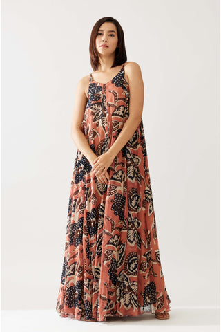 Pink and dark blue floral long dress