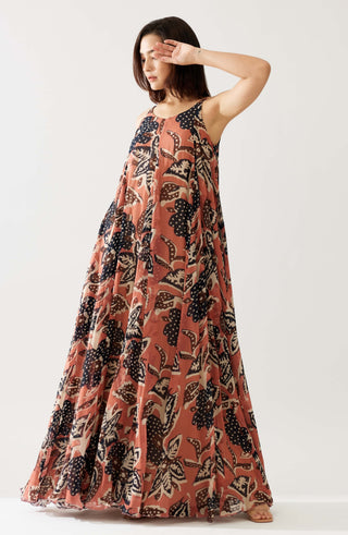 Pink And Dark Blue Floral Long Dress by Koai available on Indiaspopup.com