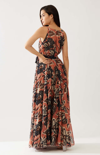 Pink And Dark Blue Floral Long Dress by Koai available on Indiaspopup.com