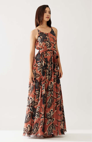 Pink And Dark Blue Floral Long Dress by Koai available on Indiaspopup.com