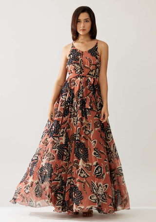 Pink And Dark Blue Floral Long Dress by Koai available on Indiaspopup.com