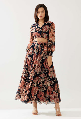 Dark blue and pink floral wrap top and skirt