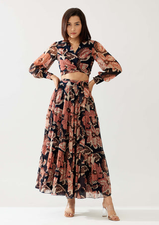 Dark blue and pink floral wrap top and skirt