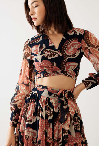 Dark blue and pink floral wrap top and skirt