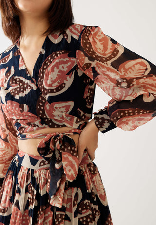 Dark blue and pink floral wrap top and skirt