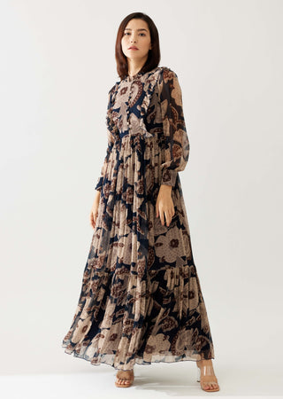 Dark Blue And Beige Floral Long Dress by Koai available on Indiaspopup.com