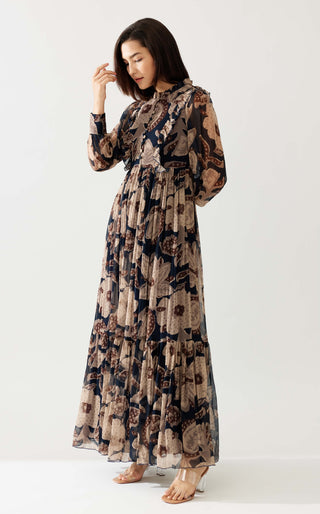 Dark Blue And Beige Floral Long Dress by Koai available on Indiaspopup.com