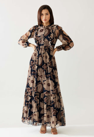 Dark Blue And Beige Floral Long Dress by Koai available on Indiaspopup.com