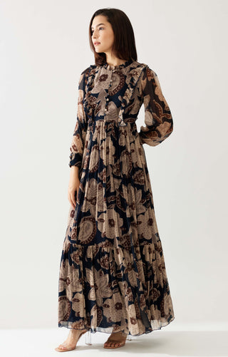 Dark Blue And Beige Floral Long Dress by Koai available on Indiaspopup.com