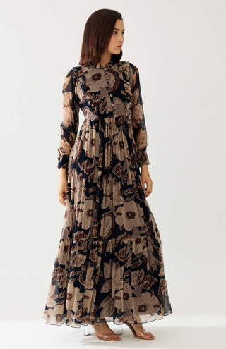 Dark Blue And Beige Floral Long Dress by Koai available on Indiaspopup.com