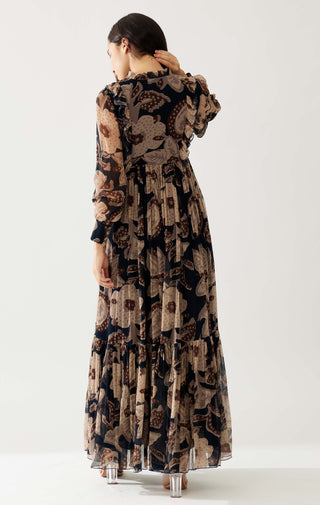 Dark Blue And Beige Floral Long Dress by Koai available on Indiaspopup.com