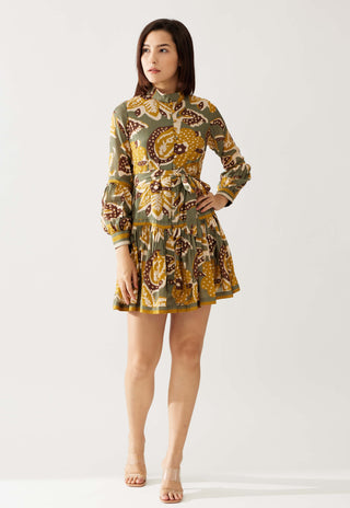 Olive And Mustard Floral Short Dress by Koai available on Indiaspopup.com