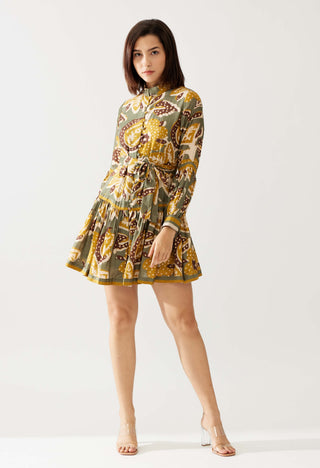 Olive And Mustard Floral Short Dress by Koai available on Indiaspopup.com