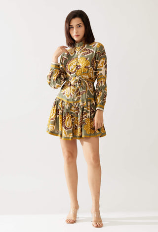 Olive And Mustard Floral Short Dress by Koai available on Indiaspopup.com