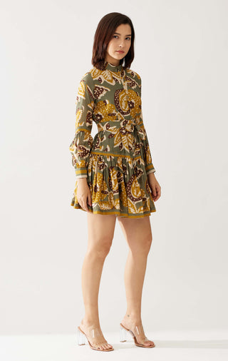 Olive And Mustard Floral Short Dress by Koai available on Indiaspopup.com