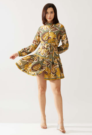 Olive And Mustard Floral Short Dress by Koai available on Indiaspopup.com