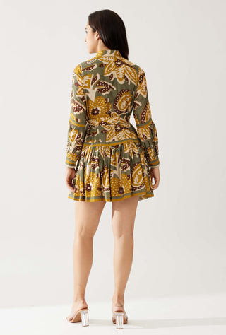 Olive And Mustard Floral Short Dress by Koai available on Indiaspopup.com