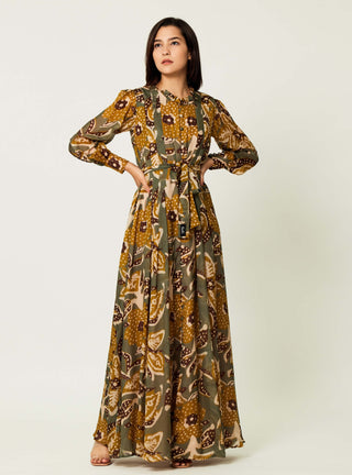 Olive And Mustard Floral Long Dress by Koai available on Indiaspopup.com