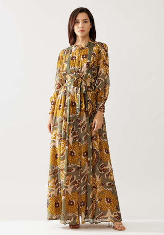 Olive And Mustard Floral Long Dress by Koai available on Indiaspopup.com