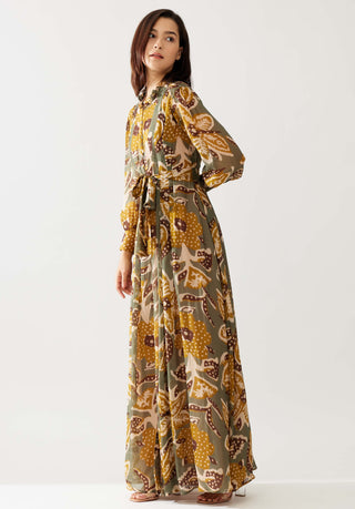 Olive And Mustard Floral Long Dress by Koai available on Indiaspopup.com