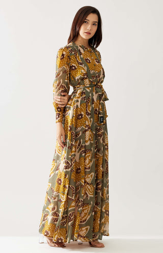 Olive And Mustard Floral Long Dress by Koai available on Indiaspopup.com